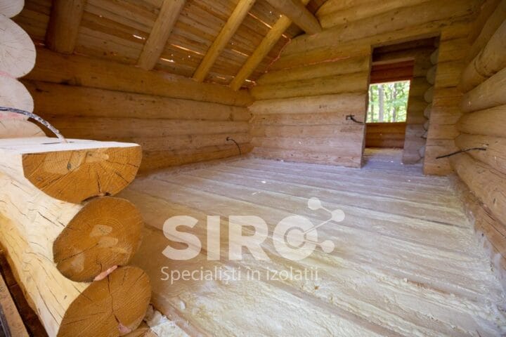 Interiorul unei cabane din lemn in constructie prezinta busteni vizibili, grinzi de lemn, si o usa nefinisata, pregatita meticulos pentru izolatii cu spuma pentru a asigura caldura si eficienta.