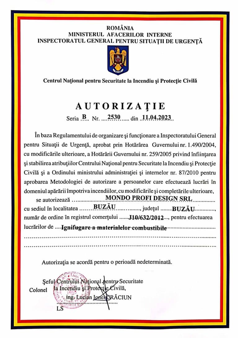 Autorizație IGSU seria B nr. 2530 pentru ignifugarea materialelor combustibile