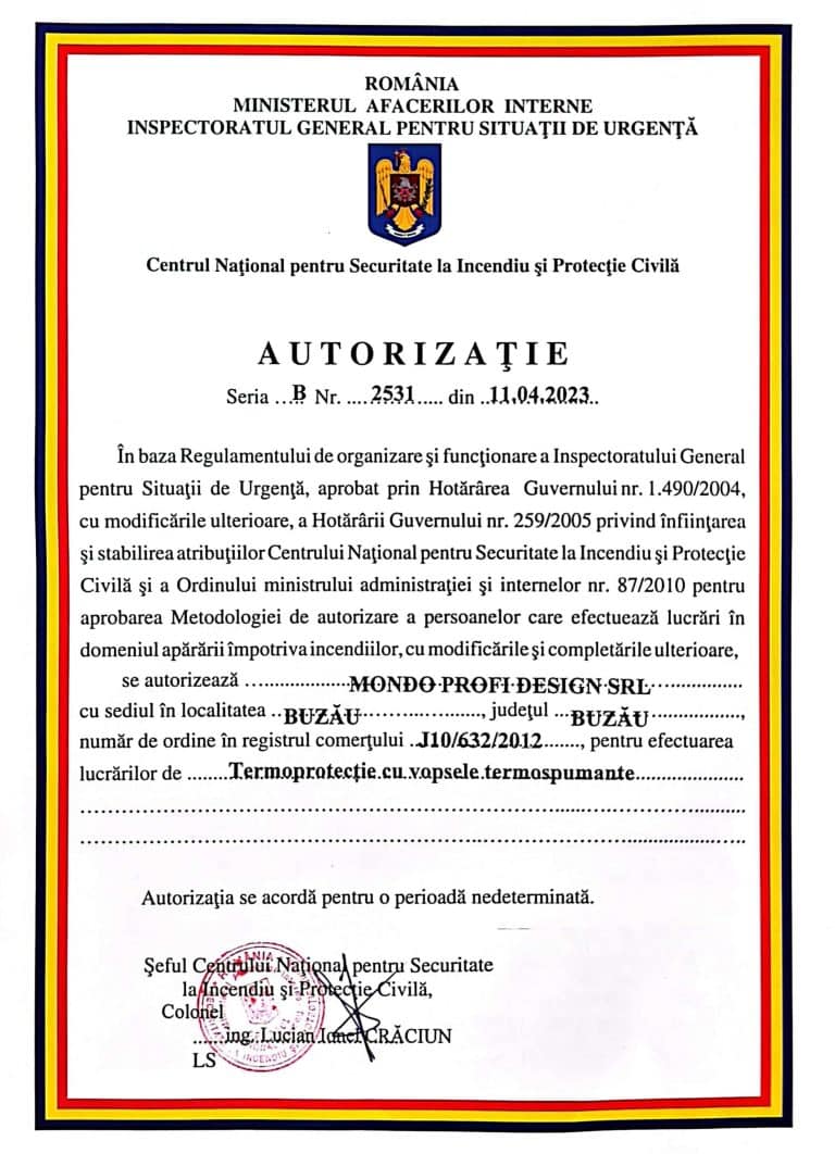 Autorizație IGSU seria B nr. 2531 pentru termoprotecție cu vopsele termospumante