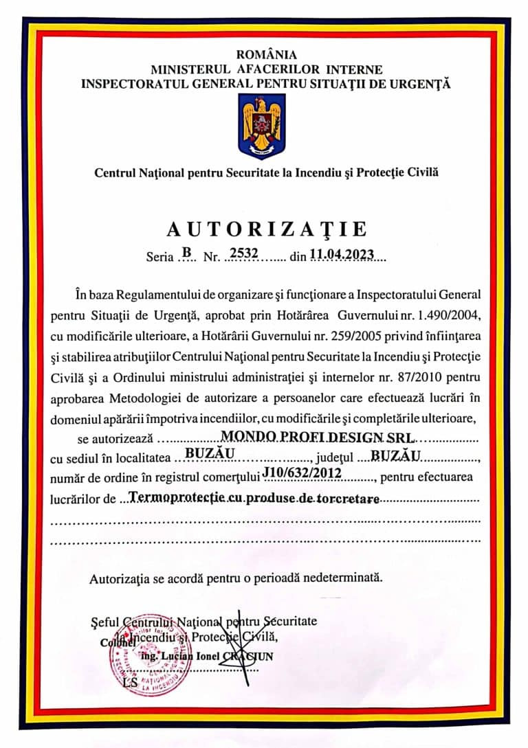 Autorizație IGSU seria B nr. 2532 pentru termoprotecție cu produse de torcretare