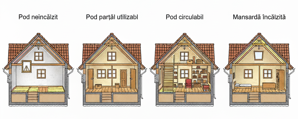 Tipuri poduri România - Ilustrație tehnică Technical illustration showing different types of attics/lofts in Romanian houses, cross-section views. Four main types displayed: 1) Unheated attic (necirculabil) - access only via trap door, cold space, insulation on floor