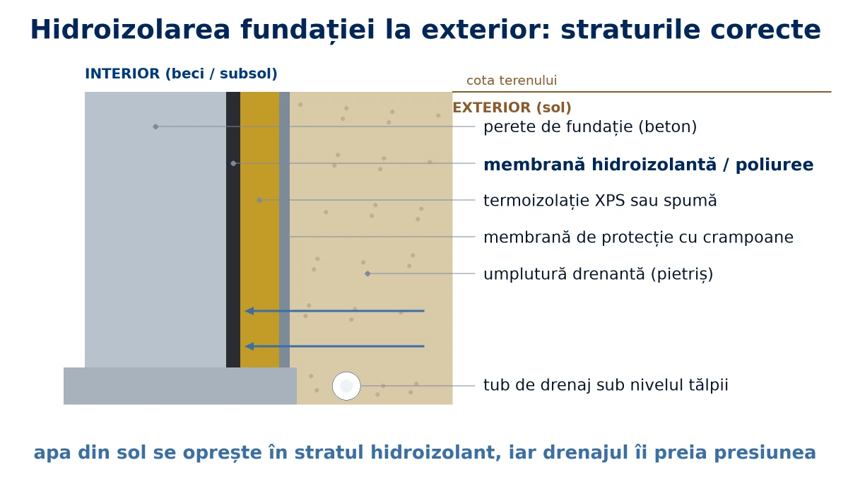 Straturile hidroizolării fundației la exterior: membrană, termoizolație, protecție, pietriș și tub de drenaj